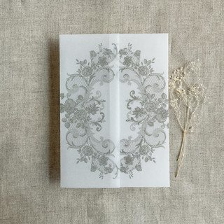 This is a gray vellum wedding invitations by Ivory Invitations called oyster la belle rose lace printed vellum wrap for 5x7 card  | pack of 10 in standard
