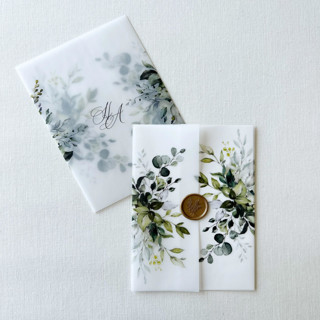 This is a green vellum wedding invitations by Eva Friesen called rustic greenery vellum wraps, "customizable" | set of 10 in standard