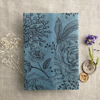This is a blue vellum wedding invitations by Ivory Invitations called elegant peonies and berries black printed on steel blue colored vellum wrap for 5x7 card  | pack of 10 in standard