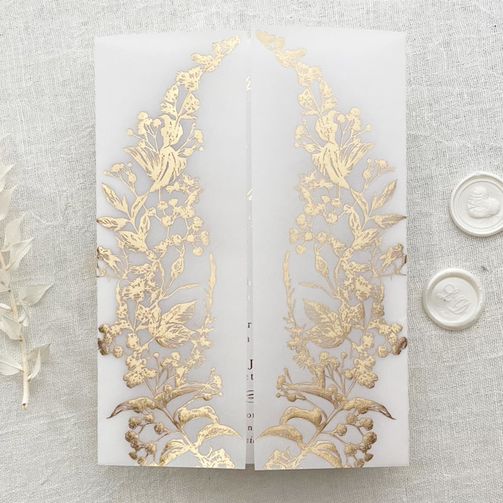 Real Gold Foil Vellum Wrap for 5x7 Invitations, Botanical Floral Arch, Set of 10