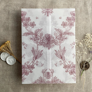 This is a purple vellum wedding invitations by Ivory Invitations called venetian floral lace mauve color printed vellum wrap for 5x7 card  | pack of 10 in standard