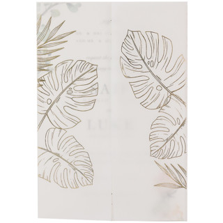 This is a gold vellum wedding invitations by Self Stationery called monstera leaves gold foil stamping on white vellum wraps, set of 10 in standard