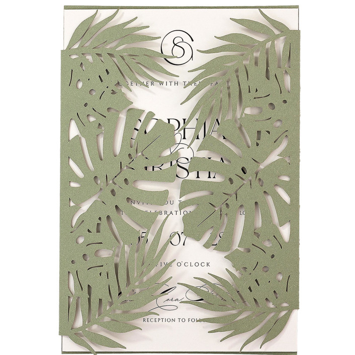 Tropical Monstera Leaf Laser Cut Sage Green Jacket for 5x7 Card | Set of 10 | Envelopes Included