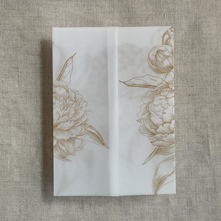 This is a gold vellum wedding invitations by Ivory Invitations called faux gold etched grand peony floral printed vellum wrap for 5x7 card  | pack of 10 in standard
