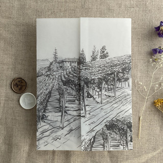 This is a gray vellum wedding invitation by Ivory Invitations called Slate gray vineyard landscape sketch printed vellum wrap for 5x7 card | pack of 10 in standard.