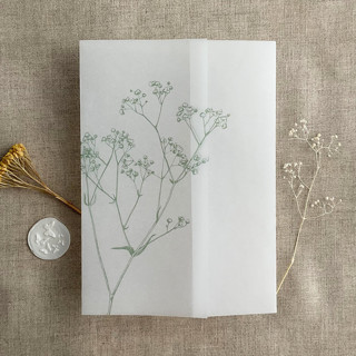 This is a green vellum wedding invitations by Ivory Invitations called minimalist baby's breath flower sage color printed vellum wrap for 5x7 card  | pack of 10 in standard