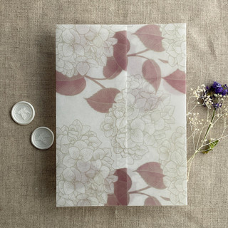 This is a pink vellum wedding invitations by Ivory Invitations called antique hydrangea flower mauve leaf printed vellum wrap for 5x7 card | pack of 10 in standard
