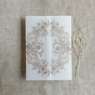 This is a beige vellum wedding invitations by Ivory Invitations called cashmere la belle rose lace printed vellum wrap for 5x7 card  | pack of 10 in standard