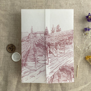 This is a pink vellum wedding invitations by Ivory Invitations called mauve vineyard landscape sketch printed vellum wrap for 5x7 card | pack of 10 in standard
