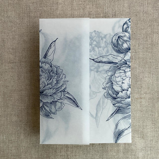 This is a blue vellum wedding invitations by Ivory Invitations called navy etched grand peony floral printed vellum wrap for 5x7 card  | pack of 10 in standard