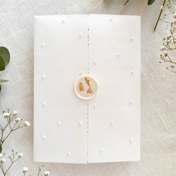 Pre folded Vellum Jacket 5x7 with Pearls, Vellum Wraps for A5 Wedding Invites, Set of 10