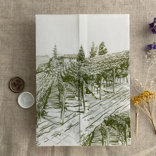 This is a green vellum wedding invitations by Ivory Invitations called moss green vineyard landscape sketch printed vellum wrap for 5x7 card | pack of 10 in standard