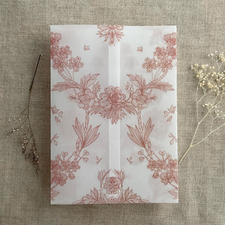 This is a pink vellum wedding invitations by Ivory Invitations called venetian floral lace old rose color printed vellum wrap for 5x7 card  | pack of 10 in standard