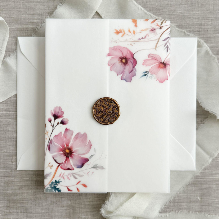 Pink and purple wildflowers vellum jackets for invitations | Set of 10