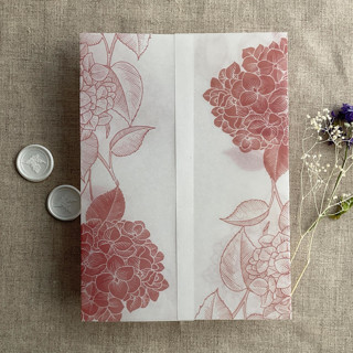 This is a pink vellum wedding invitations by Ivory Invitations called old rose hydrangea floral printed vellum wrap for 5x7 card | pack of 10 in standard