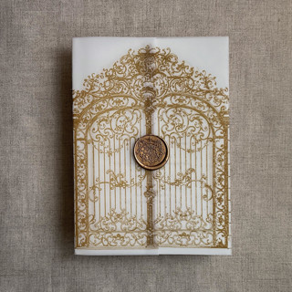 This is a gold vellum wedding invitations by Ivory Invitations called classic gold vintage style arched gate printed vellum wrap for 5x7 card | pack of 10 in standard