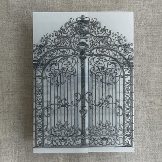 This is a gray vellum wedding invitations by Ivory Invitations called slate gray vintage style gate to the palace gardens vellum wrap for 5x7 card | pack of 10 in standard