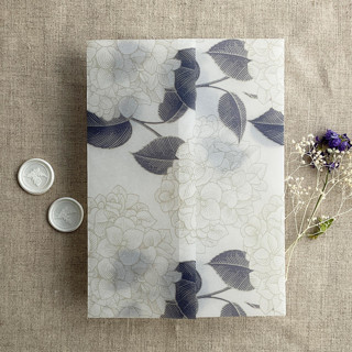 This is a blue vellum wedding invitations by Ivory Invitations called antique hydrangea flower dark blue leaf printed vellum wrap for 5x7 card | pack of 10 in standard