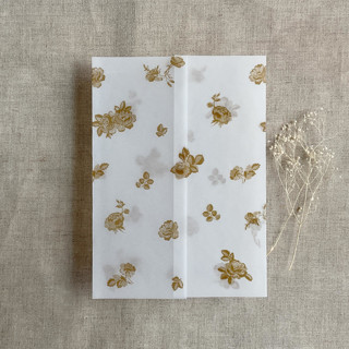 This is a gold vellum wedding invitations by Ivory Invitations called gold french roses lace floral printed vellum wrap for 5x7 card  | pack of 10 in standard