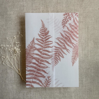 This is a pink vellum wedding invitations by Ivory Invitations called rosy mauve fern leaves greenery printed vellum wrap for 5x7 card  | pack of 10 in standard