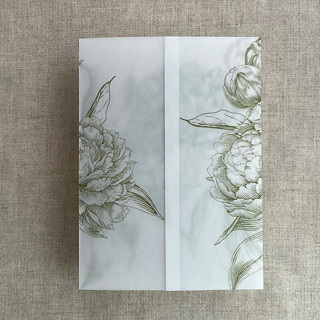 This is a green vellum wedding invitations by Ivory Invitations called moss etched grand peony floral printed vellum wrap for 5x7 card  | pack of 10 in standard