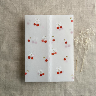 This is a red vellum wedding invitations by Ivory Invitations called scallop lace and cherries printed vellum wraps for 5x7 cards | pack of 10 in standard