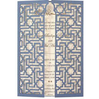 This is a blue vellum wedding invitations by Self Stationery called custom laser cut gatefold jacket for 5x7 invitation | set of 10 | envelopes included in standard