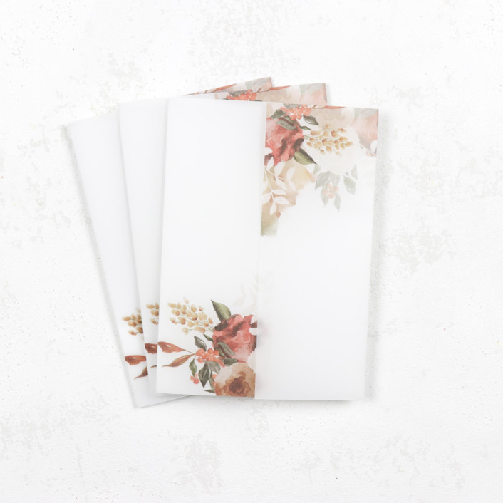 Red and Brown Fall Floral Vellum Jackets Size 5x7 Set of 50 Invitation Jackets and Overlays