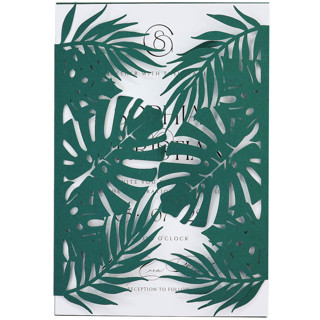 This is a green vellum wedding invitations by Self Stationery called tropical monstera leaf laser cut dark green covers for 5x7 invitation | set of 10| envelopes included in standard