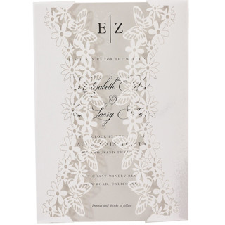 This is a white vellum wedding invitations by Self Stationery called laser cut butterflies motif vellum jacket, monarch butterfly, set of 10 in standard