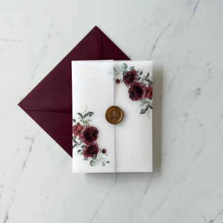 This is a red vellum wedding invitations by Eva Friesen called burgundy floral vellum wrap | set of 10 in standard