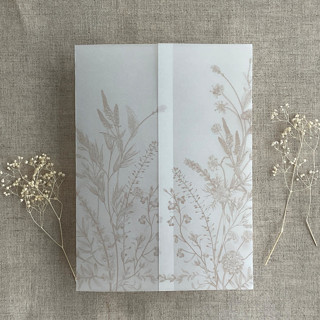 This is a beige vellum wedding invitations by Ivory Invitations called cashmere english botanical garden floral printed vellum wrap for 5x7 card | pack of 10 in standard
