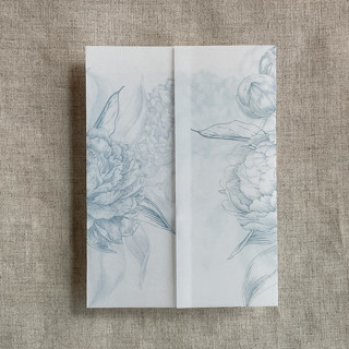 This is a blue vellum wedding invitations by Ivory Invitations called steel blue etched grand peony floral printed vellum wrap for 5x7 card  | pack of 10 in standard