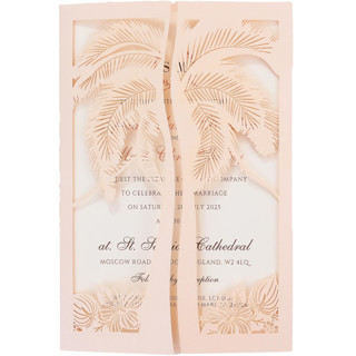 This is a pink vellum wedding invitations by Self Stationery called laser cut jacket with a palm tree for 5x7 card | set of 10 | envelopes included in standard