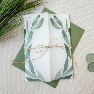 This is a green vellum wedding invitations by Megan Tendler called winter berries vellum jacket | set of 10 in standard