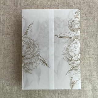 This is a natural vellum wedding invitations by Ivory Invitations called hazelnut etched grand peony floral printed vellum wrap for 5x7 card  | pack of 10 in standard