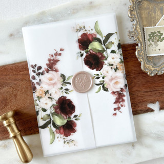 This is a multicolor vellum wedding invitations by Eva Friesen called burgundy and blush floral vellum wrap | set of 10 in standard