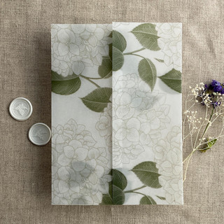 This is a green vellum wedding invitation by Ivory Invitations called Antique Hydrangea flower moss leaf printed vellum wrap for 5x7 card | pack of 10 in standard.