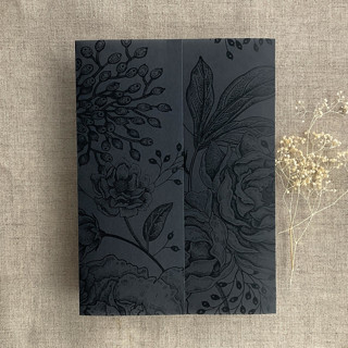 This is a black vellum wedding invitations by Ivory Invitations called black elegant peonies and berries printed vellum wrap for 5x7 card  | pack of 10 in standard