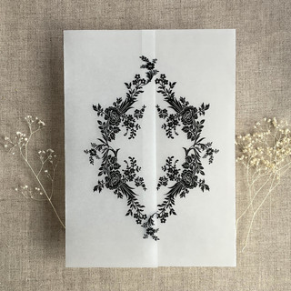 This is a black vellum wedding invitations by Ivory Invitations called black print french floral crest vellum wrap for 5x7 card | pack of 10 in standard