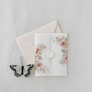 This is a pink vellum wedding invitations by Eva Friesen called blush pink, peach floral wedding invitation vellum jacket in standard