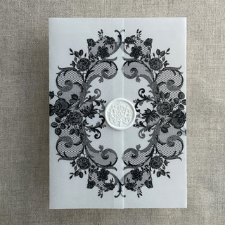 This is a black vellum wedding invitations by Ivory Invitations called black la belle antique rose floral lace printed vellum wrap for 5x7 card  | pack of 10 in standard