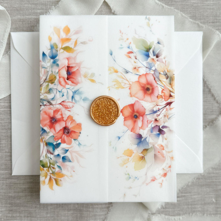 Colorful florals poppy vellum jacket for invitations | Set of 10
