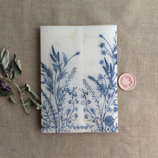 This is a blue vellum wedding invitations by Ivory Invitations called navy english botanical garden floral vellum wrap for 5x7 card | pack of 10 in standard