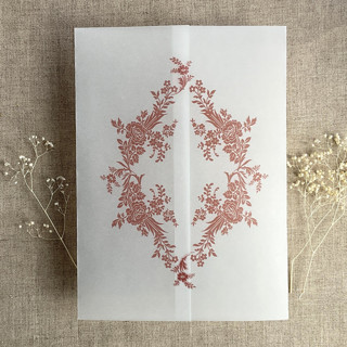 This is a pink vellum wedding invitations by Ivory Invitations called old rose print french floral crest vellum wrap for 5x7 card | pack of 10 in standard
