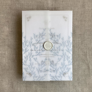 This is a blue vellum wedding invitations by Ivory Invitations called alice botanic french toile leafy branch pattern steel blue printed vellum wrap for 5x7 card  | pack of 10 in standard