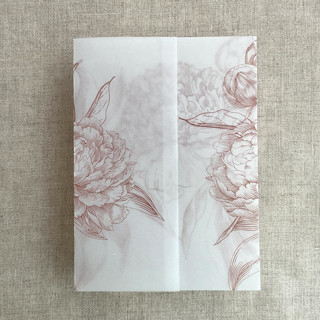 This is a pink vellum wedding invitations by Ivory Invitations called old rose etched grand peony floral printed vellum wrap for 5x7 card  | pack of 10 in standard