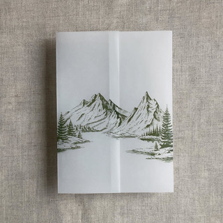 This is a green vellum wedding invitations by Ivory Invitations called green mountain sketch printed vellum wrap for 5x7 card | pack of 10 in standard