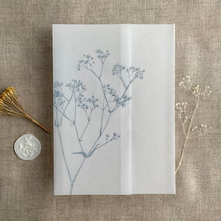 This is a blue vellum wedding invitations by Ivory Invitations called minimalist baby's breath flower steel blue color printed vellum wrap for 5x7 card  | pack of 10 in standard