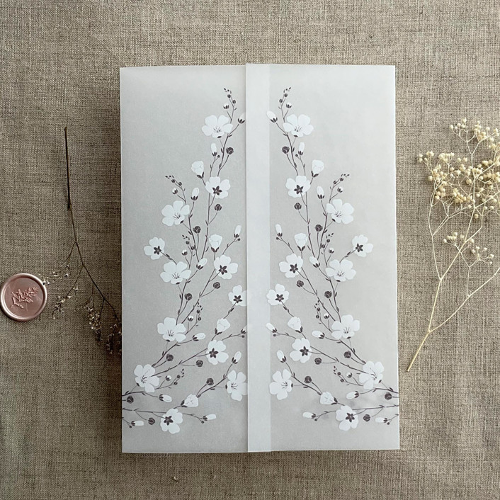 White ink print white flax flower branch printed vellum wrap for 5x7 card | pack of 10